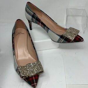 J Crew Colette Pumps Sz 8.5 Stewart Tartan Glitter Bow Heels